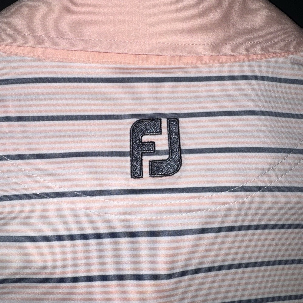 Men's Large FootJoy Pink White Blue Striped Performance Golf Polo Shirt Logo - Picture 4 of 4